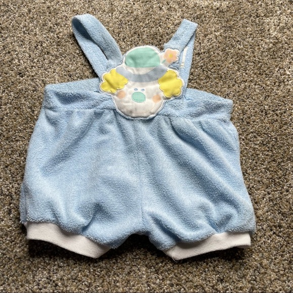Vintage Mothercare Blue Striped Shortalls Overalls Clown One Piece Sz 6-9 Month - Picture 1 of 3